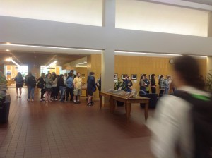 Then the line goes all the way across the lobby and down the main hallway to the reference room.