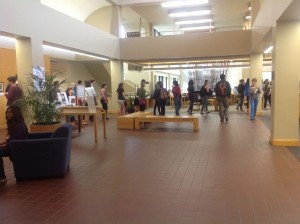 The line snakes all the way around the large study space called the East Wing and then out into the library's main lobby.