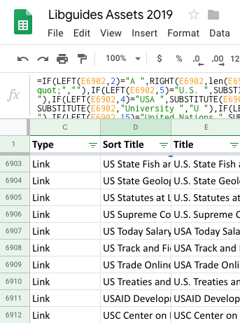 Screenshot of spreadsheet showing examples of normalized titles for alphabetization.